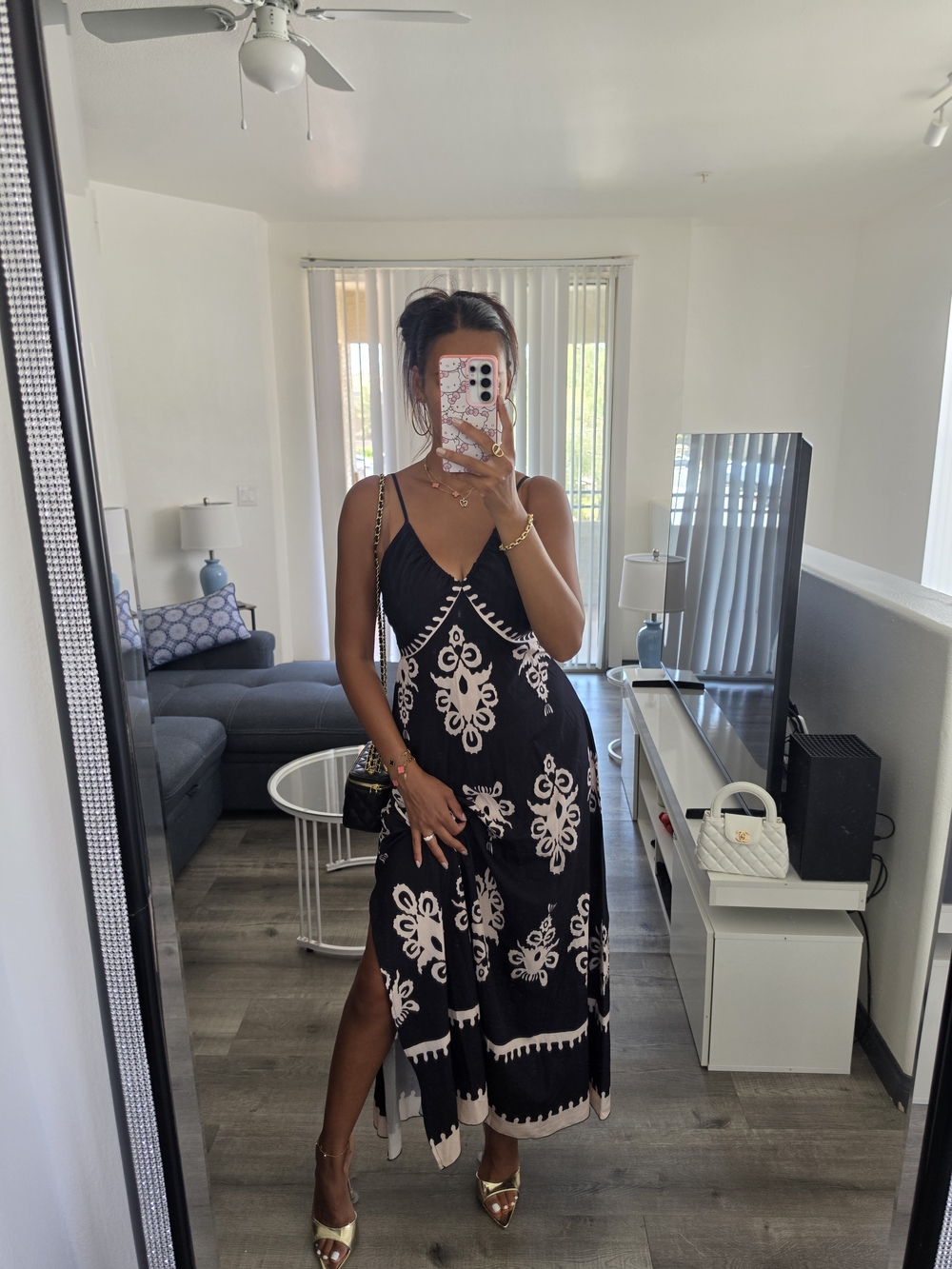 Black and Cream Printed Slip Dress with Spaghetti Straps
